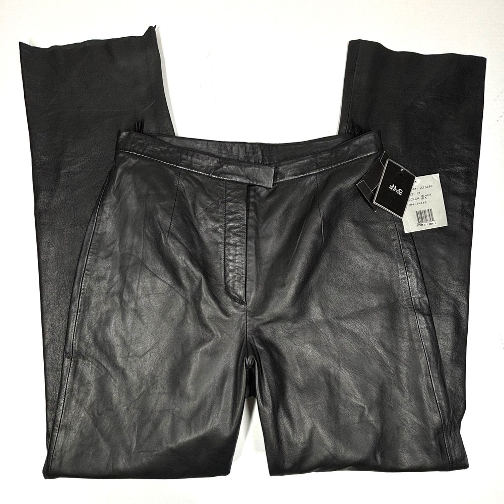 VTG Y2K‎ Womens 12 Black Leather Pants 30X32 Straight High Rise  Deadstock NWT